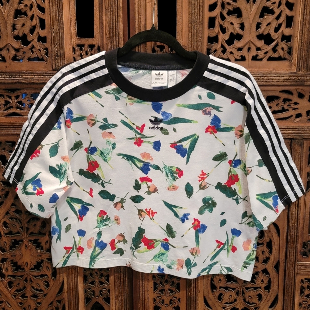 Adidas Originals Bellista Cropped Floral Tee - White with Black Stripes,  Medium